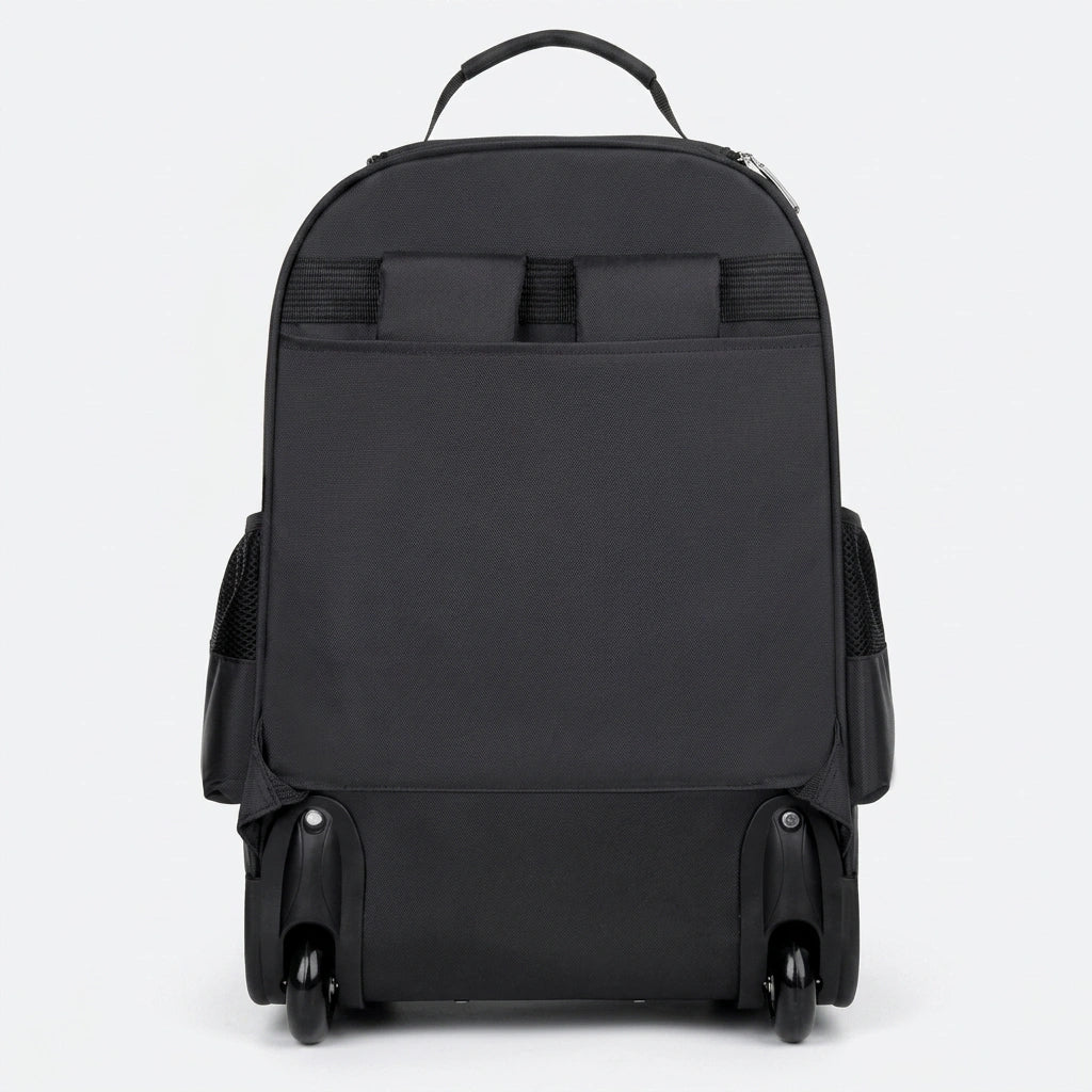 Vue arrière du sac à dos trolley noir 35L, dos lisse avec bretelles rétractées et roulettes larges