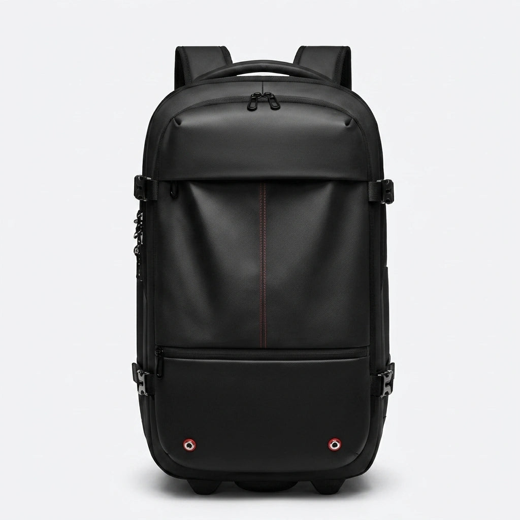 Sac à dos trolley noir 48L de face en mode portage, roulettes inférieures et coutures rouges