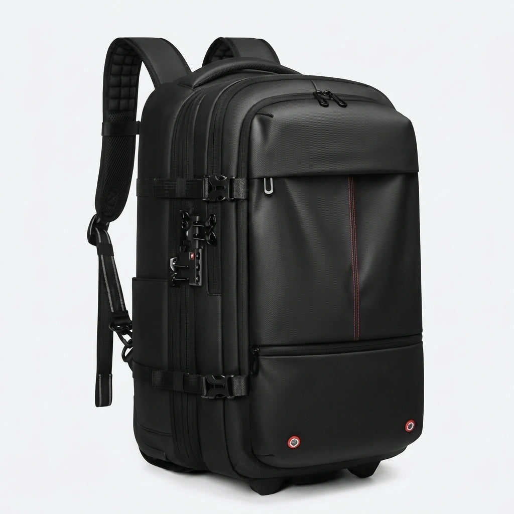 Sac à dos de voyage trolley noir 48L vue 3/4, cadenas TSA intégré visible sur le côté gauche