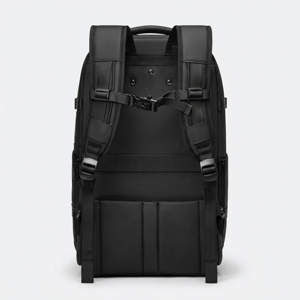 Vue arrière d'un sac à dos trolley noir 48L, bretelles rembourrées ergonomiques et ceinture ventrale