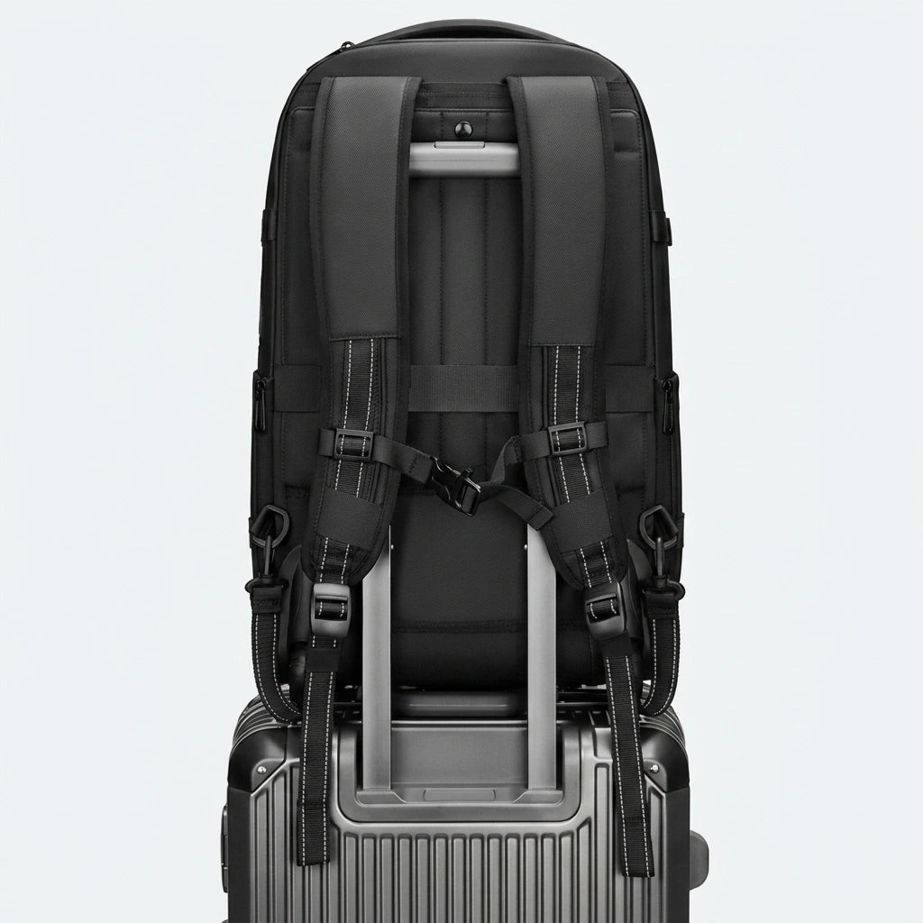 Sac à dos trolley noir 48L posé sur sa poignée télescopique, roulettes en contact avec le sol