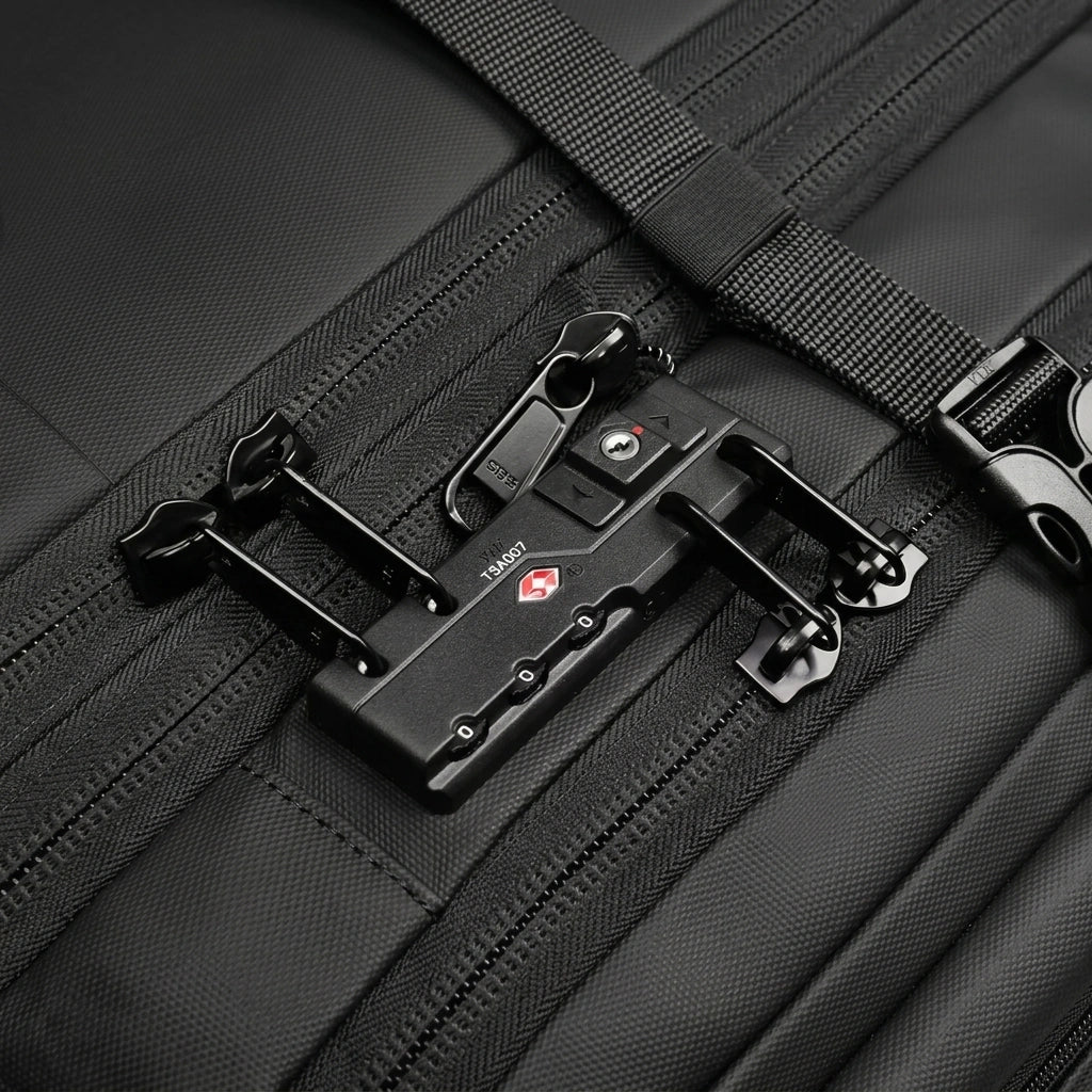 Gros plan du cadenas TSA007 verrouillant les fermetures éclair du sac à dos trolley noir 48L