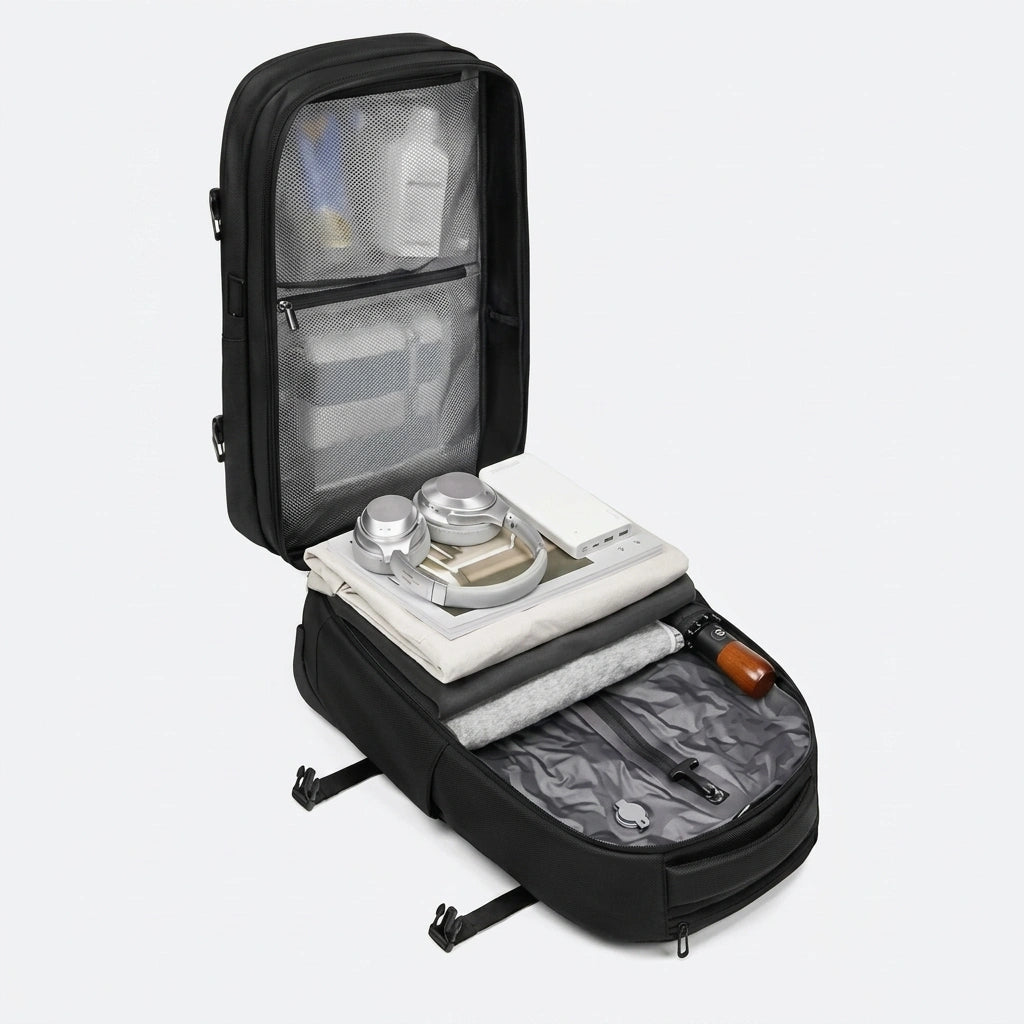 Intérieur du sac à dos trolley 48L ouvert, casque et vêtements rangés, poche filet au couvercle