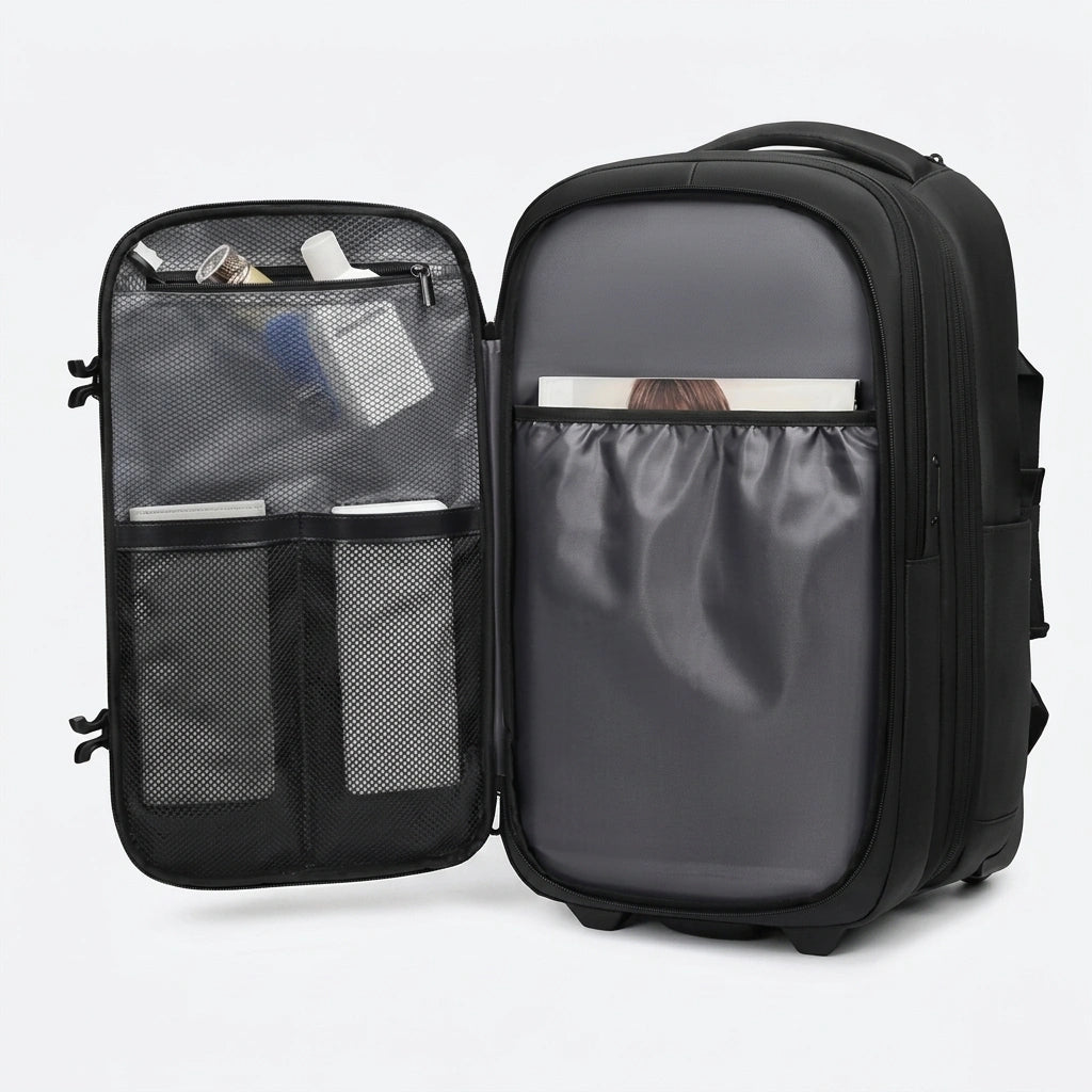 Compartiment principal du sac à dos trolley 48L ouvert, avec pochettes filet et section compression