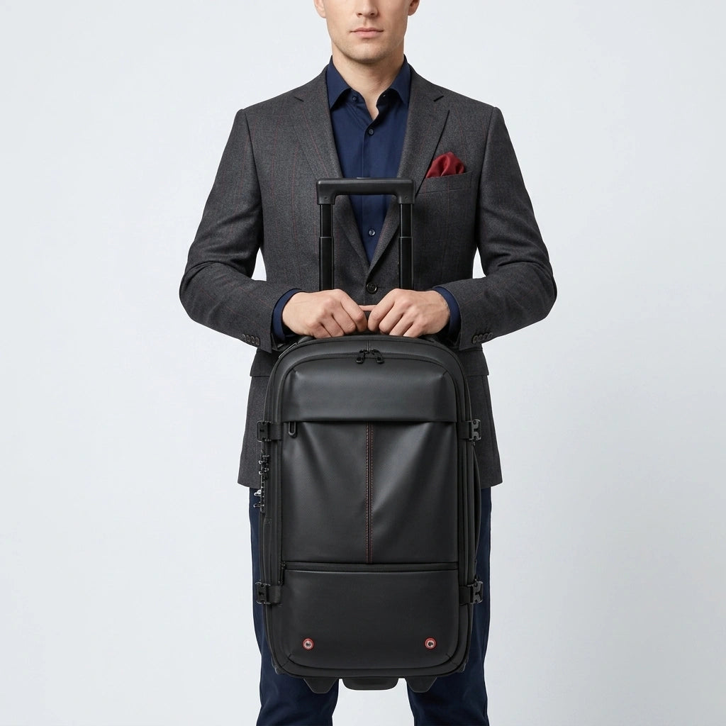 Homme en costume gris et chemise bleue tirant un sac à dos trolley noir 48L par sa poignée