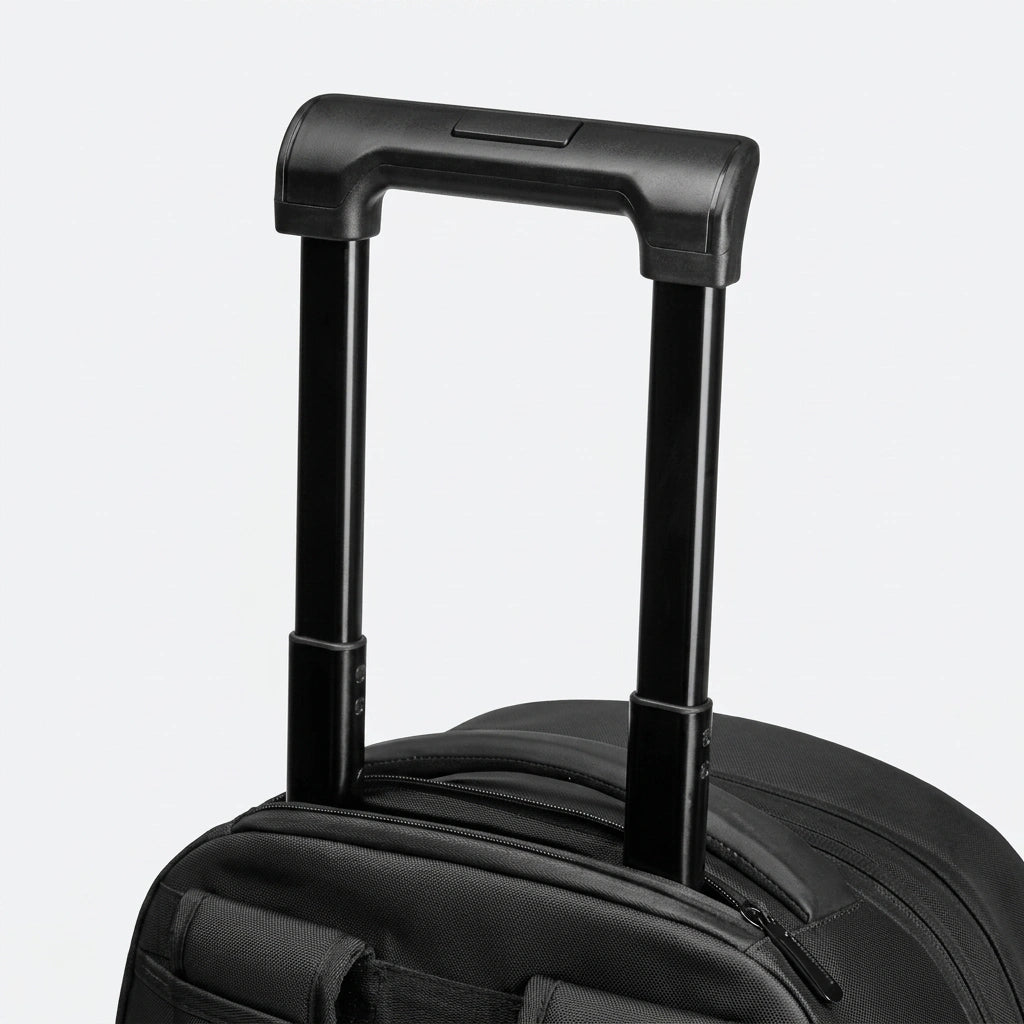 Gros plan poignée télescopique aluminium noire du sac à dos trolley 48L, légère et résistante