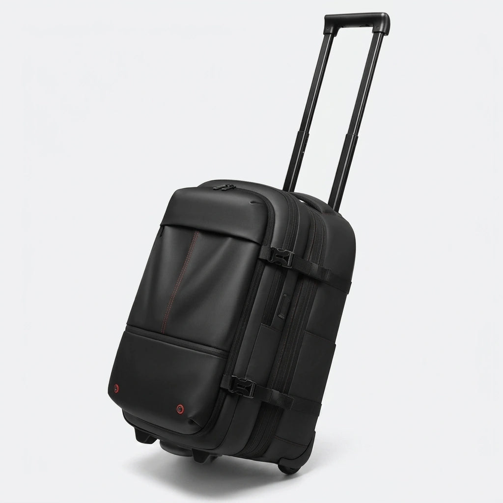 Sac à dos de voyage trolley noir 48L en mode valise 3/4, poignée télescopique et roulettes