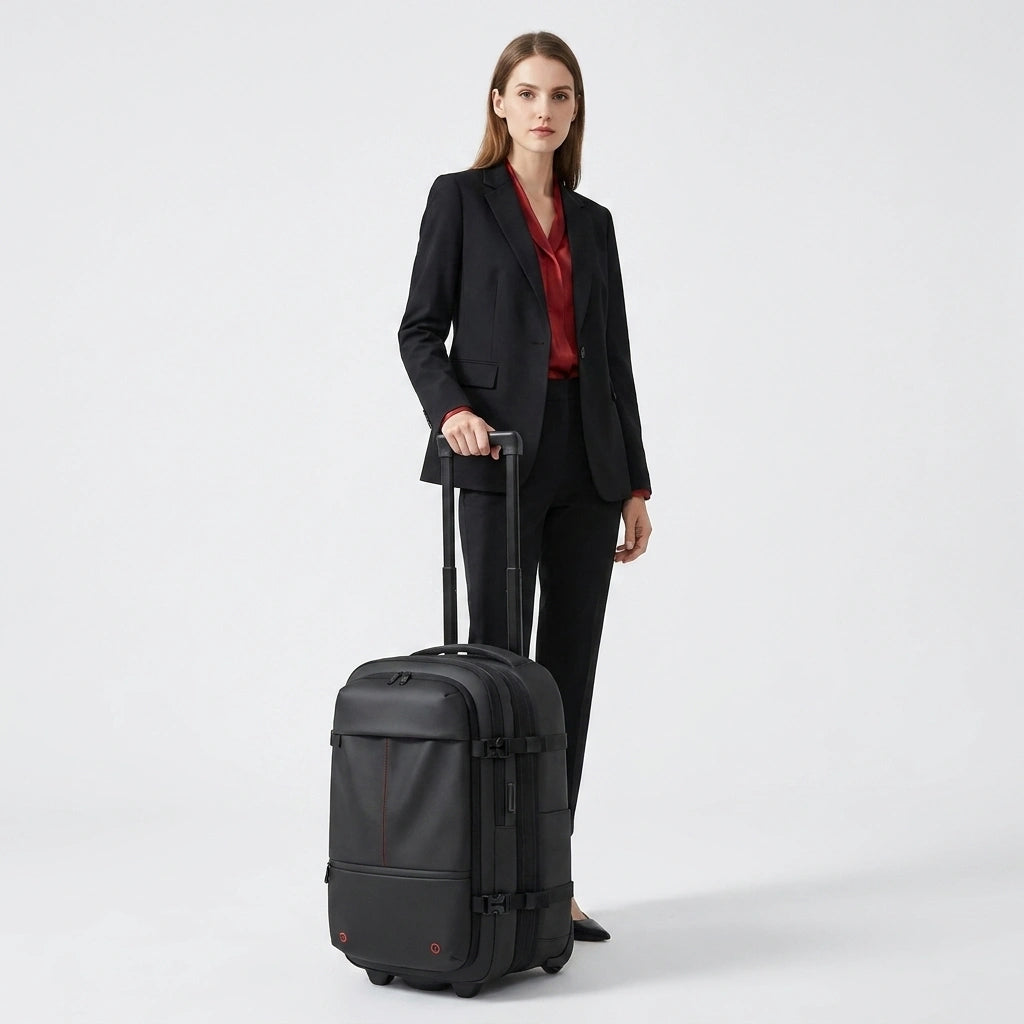 Femme en tailleur noir et chemisier rouge tirant un sac de voyage trolley noir 48L en couloir