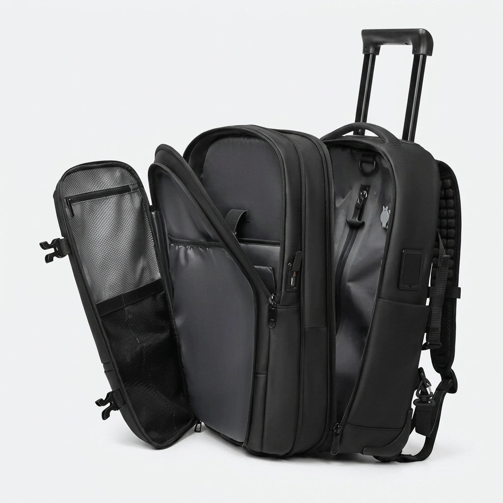 Vue latérale éclatée du sac à dos trolley 48L révélant compartiments multiples et organisation
