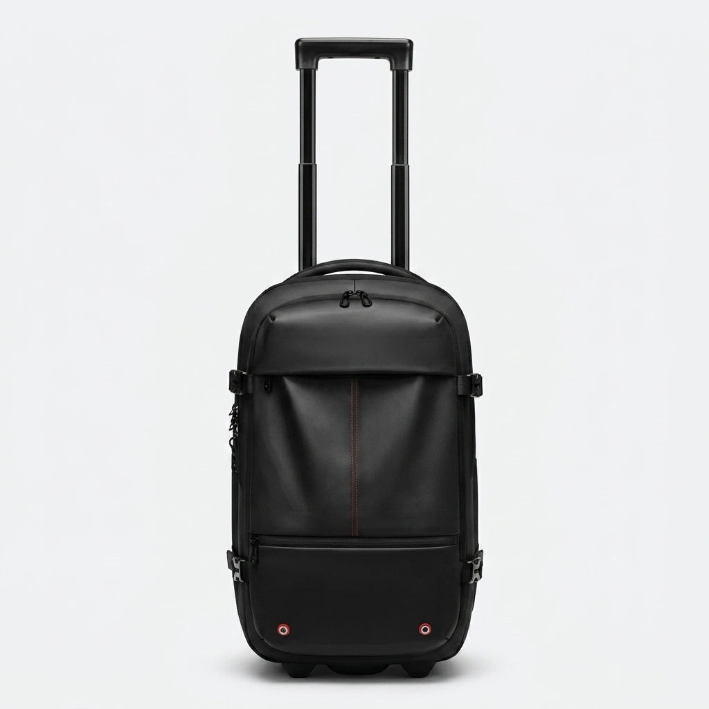 Sac à dos trolley noir 48L vu de face, poignée télescopique aluminium déployée en mode transport