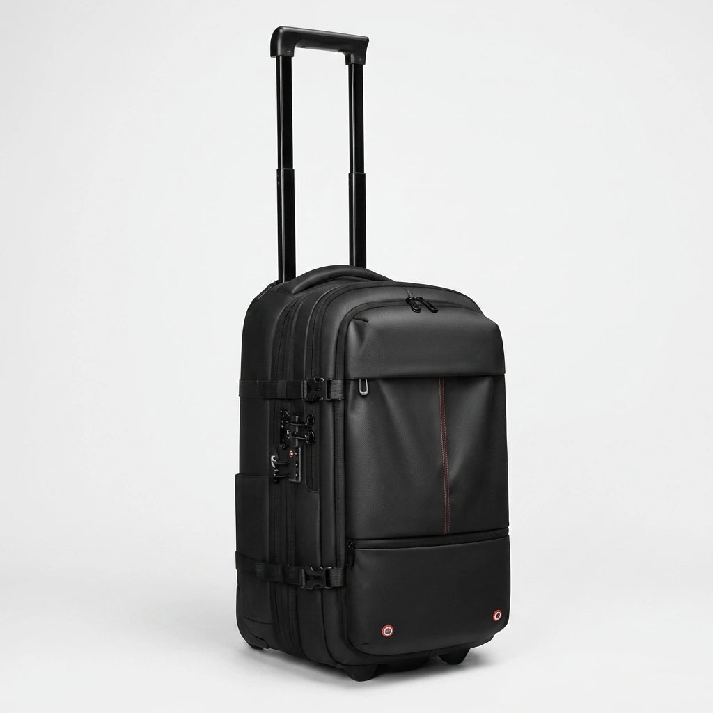 Sac de voyage trolley noir 48L vue 3/4 avec poignée télescopique et cadenas TSA latéral visible