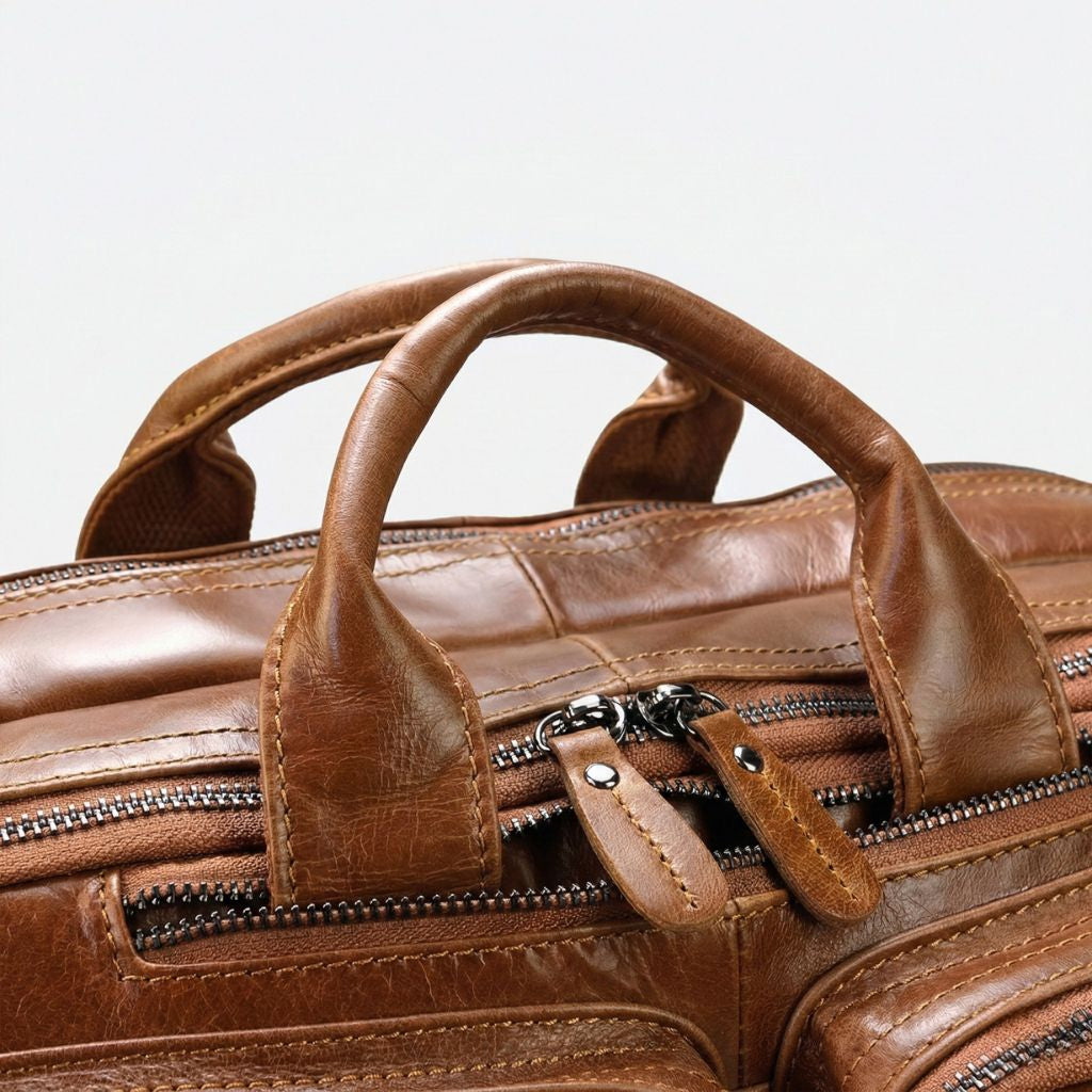 Gros plan des poignées et fermetures éclair en cuir cognac d'un sac à dos valise de voyage, finition soignée Image