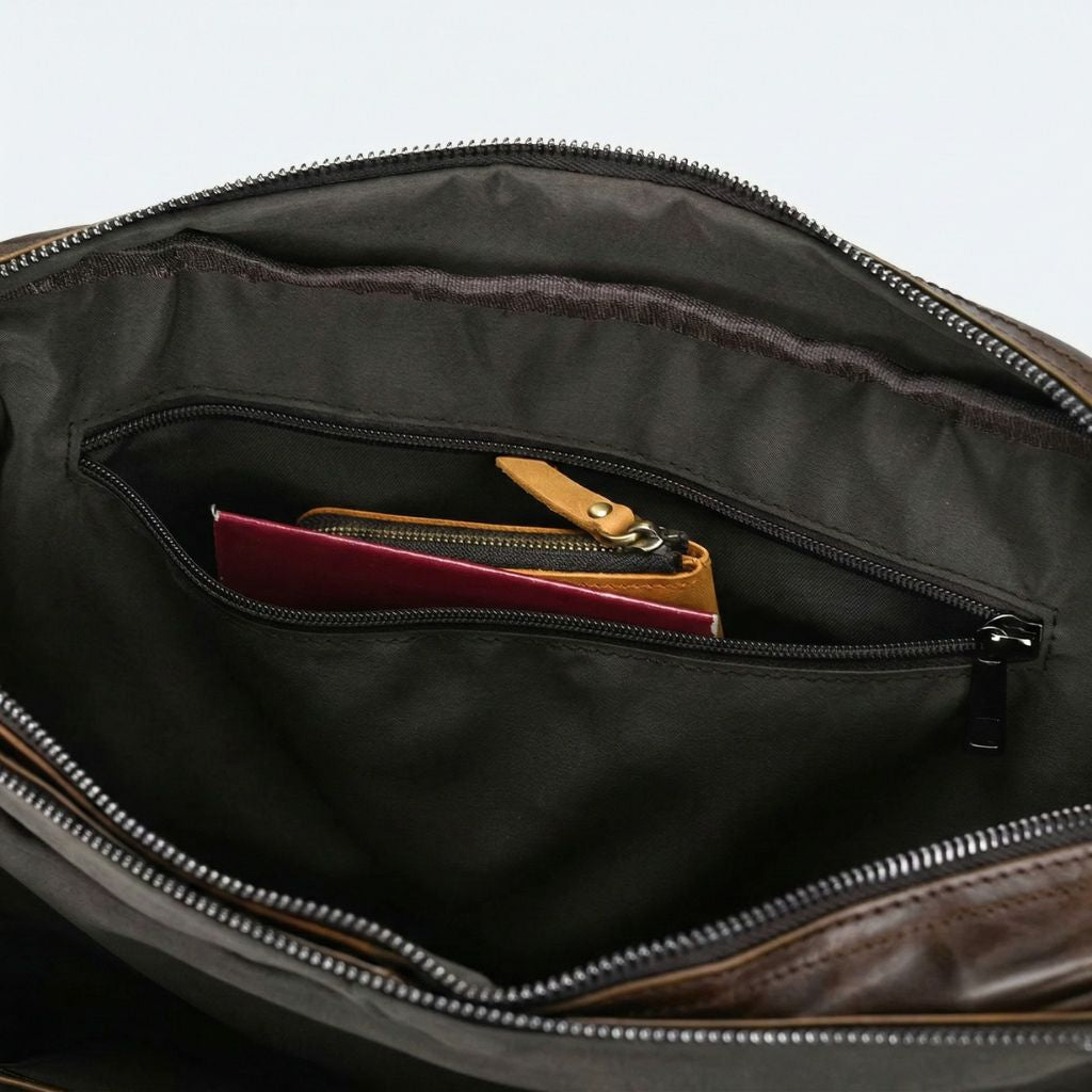 Intérieur du compartiment principal, doublure nylon kaki, poche zippée avec passeport et porte-monnaie