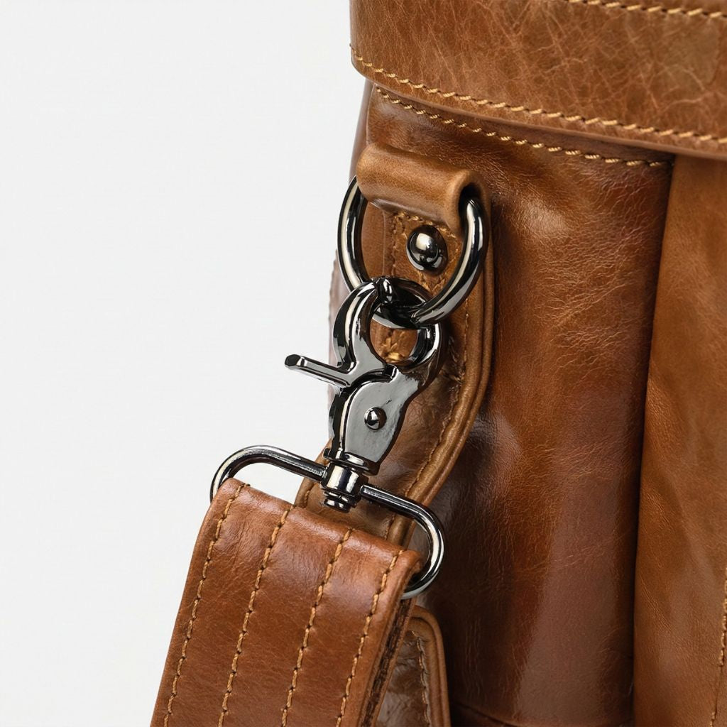 Gros plan du clip de bandoulière en cuir cognac avec mousqueton métallique nickelé d'un sac de voyage homme Image