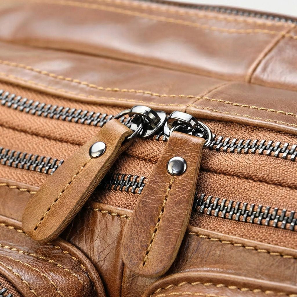 Détail des deux tirettes en cuir cognac à rivets sur double fermeture zippée noire parallèle
