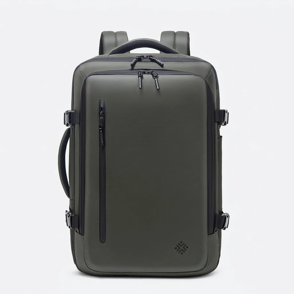 Sac a dos de voyage vert olive vu de face avec poche frontale zippee verticale et bretelles ergonomiques