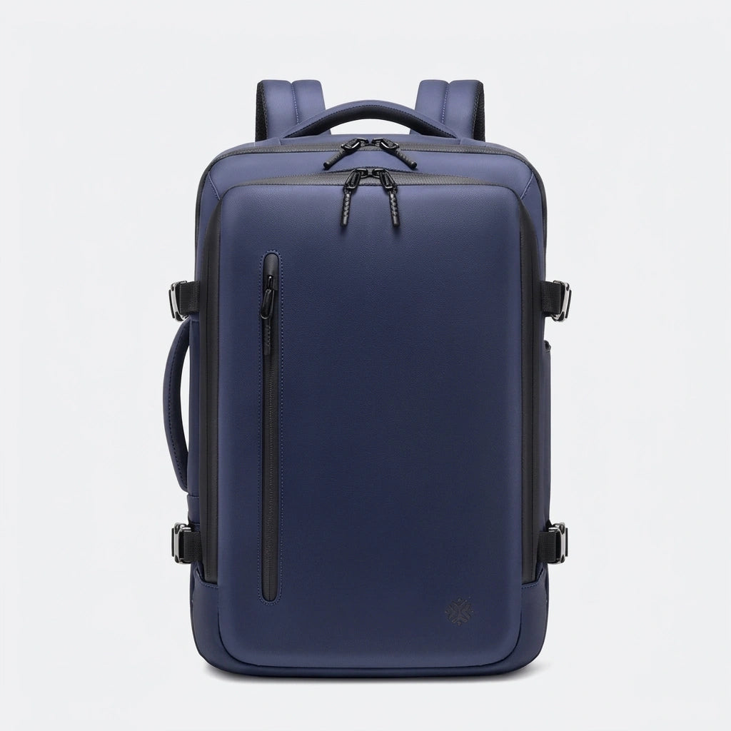 Sac a dos business bleu marine vu de face avec fermeture eclair verticale et finitions noires contrastees