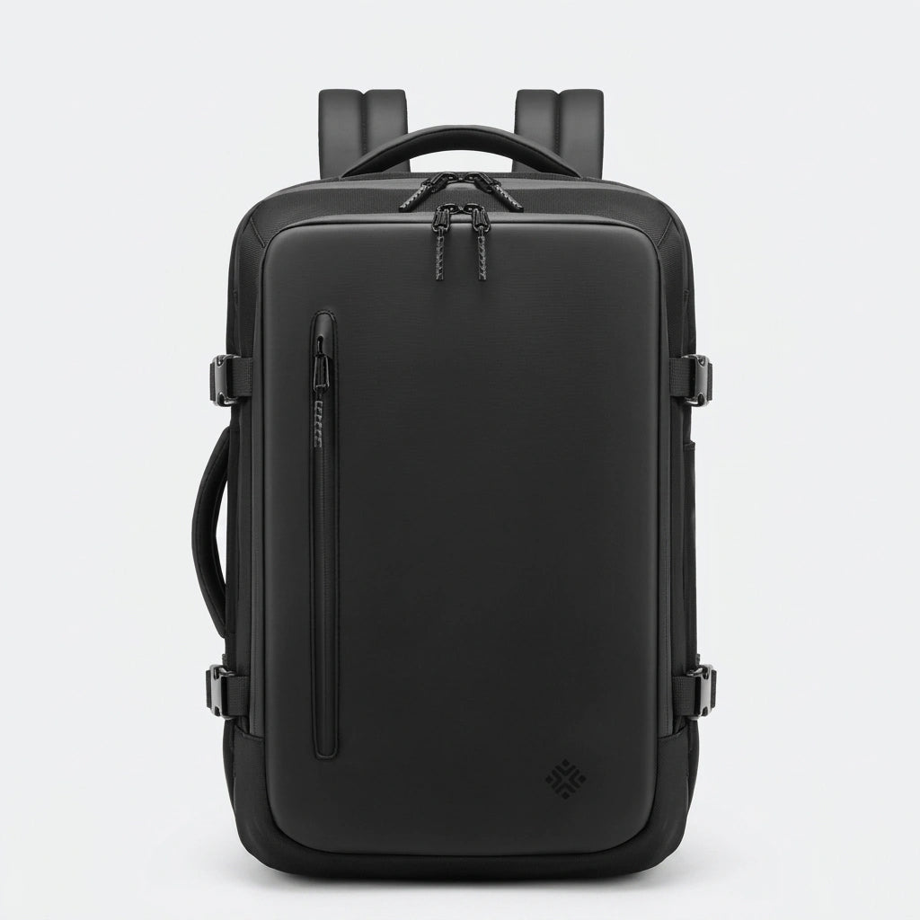 Sac a dos cabine noir vu de face avec panneau frontal lisse fermeture eclair verticale et design epure