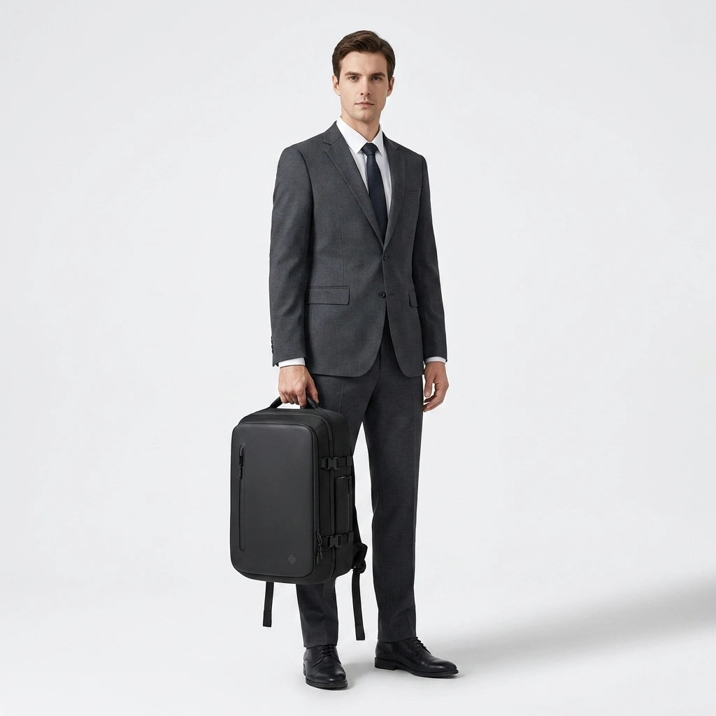 Homme en costume gris tenant un sac a dos business noir par la poignee superieure en contexte professionnel