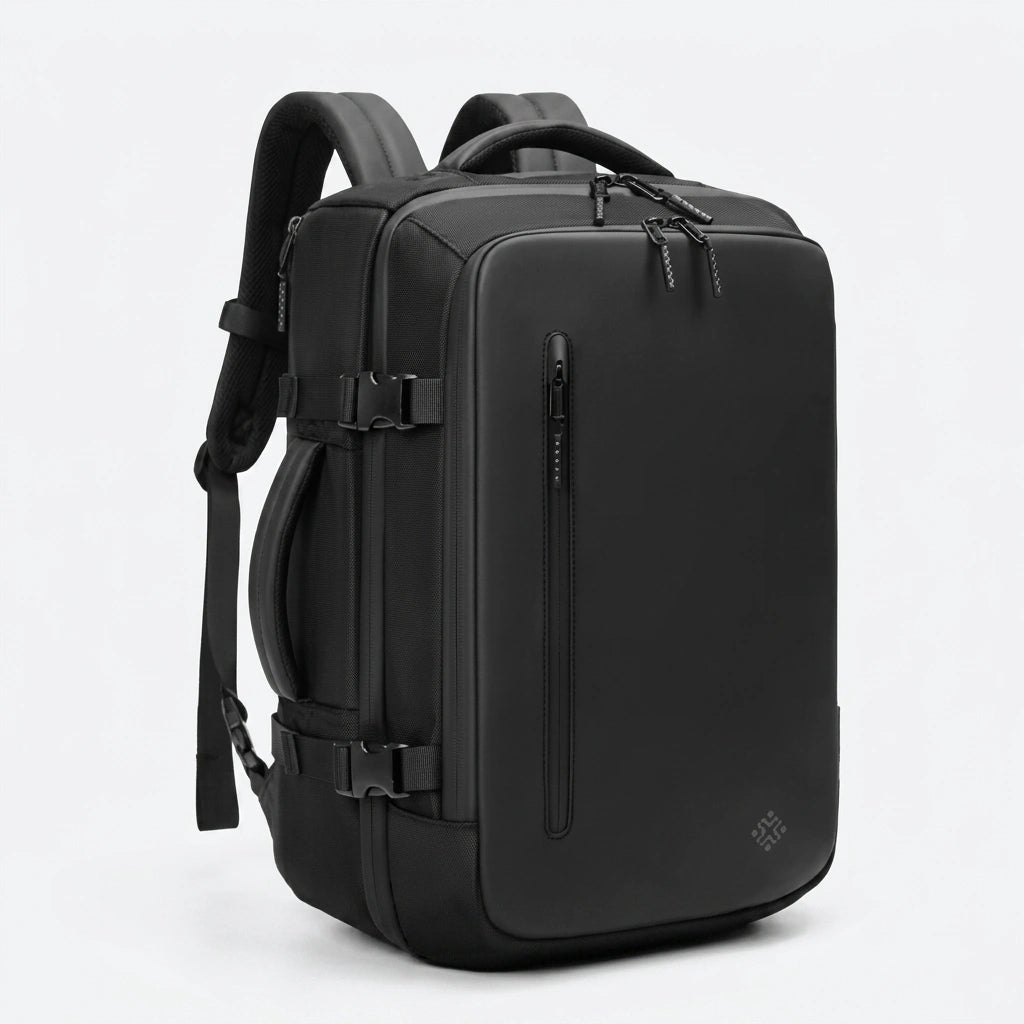 Sac a dos de voyage noir vu de trois quarts avec bretelles rembourrées sangles laterales et poche verticale
