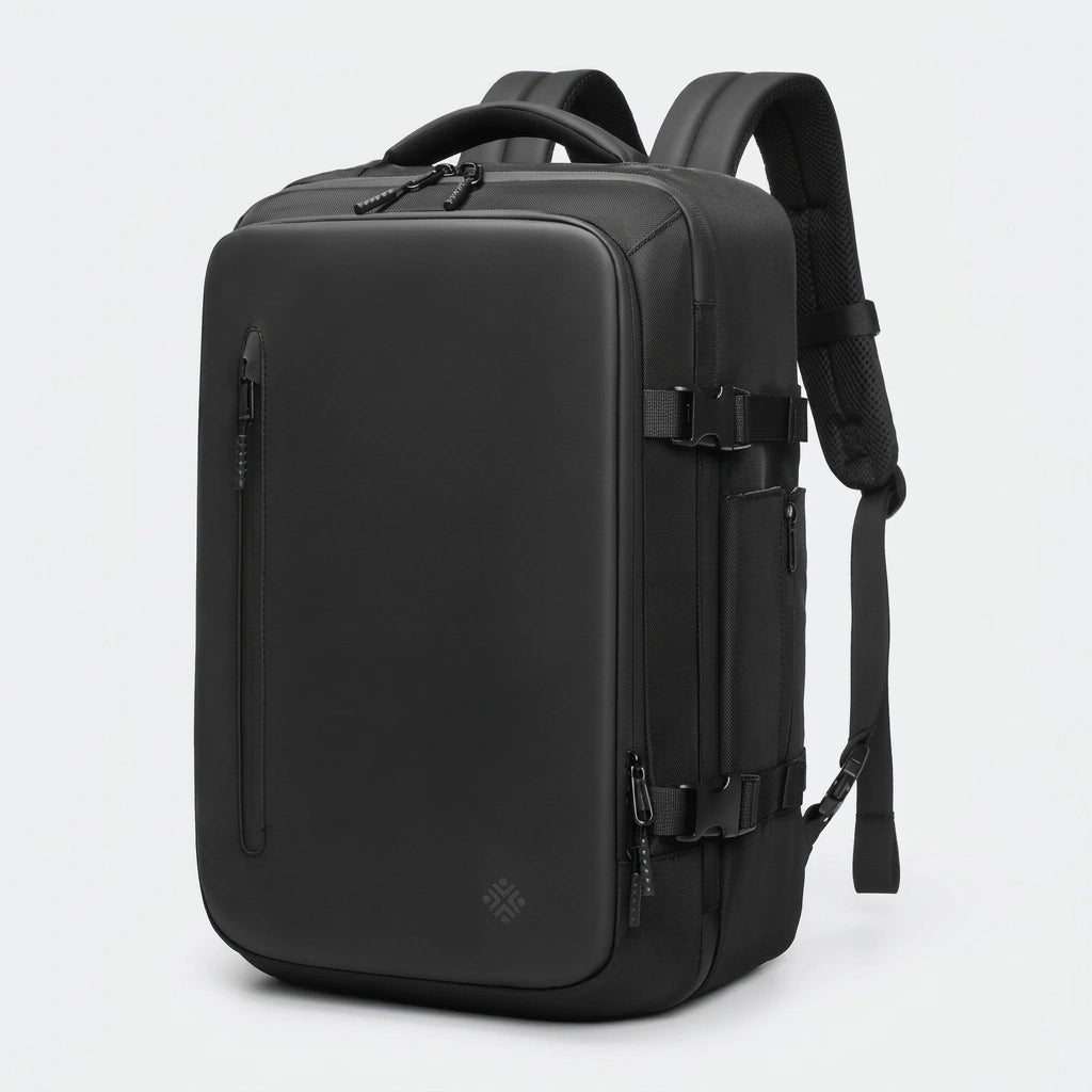Sac a dos cabine noir vu de trois quarts arriere montrant les bretelles ergonomiques et sangles de maintien