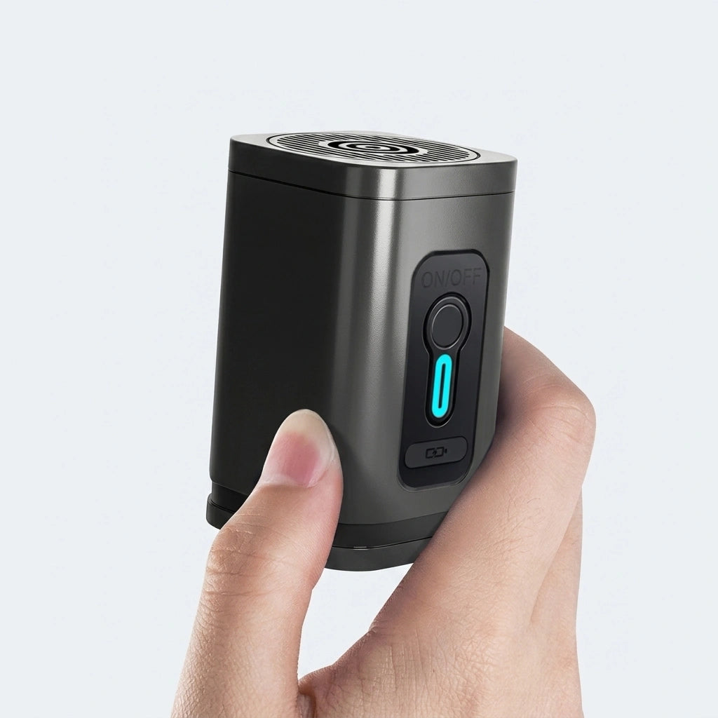 Mini pompe electrique noire tenue en main avec bouton ON OFF et indicateur LED bleu pour compression sous vide