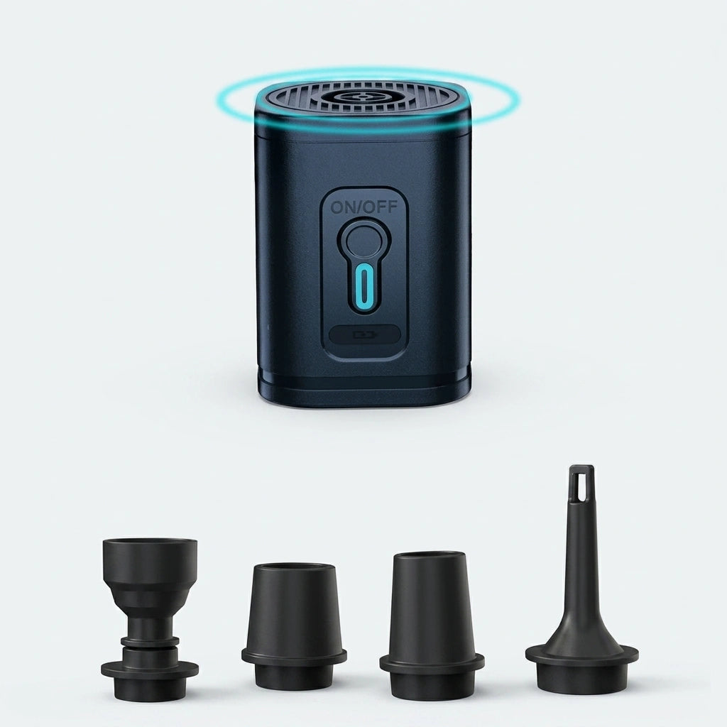 Pompe electrique compacte noire avec quatre embouts interchangeables pour systeme de compression sous vide du sac