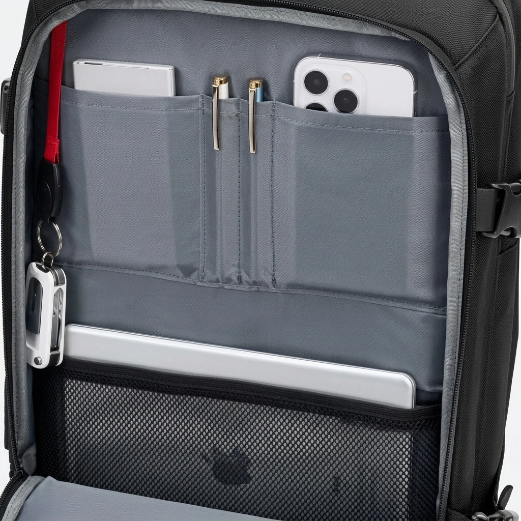 Interieur du sac a dos business avec poche organiseur grise pour tablette stylos smartphone et porte-cles rouge