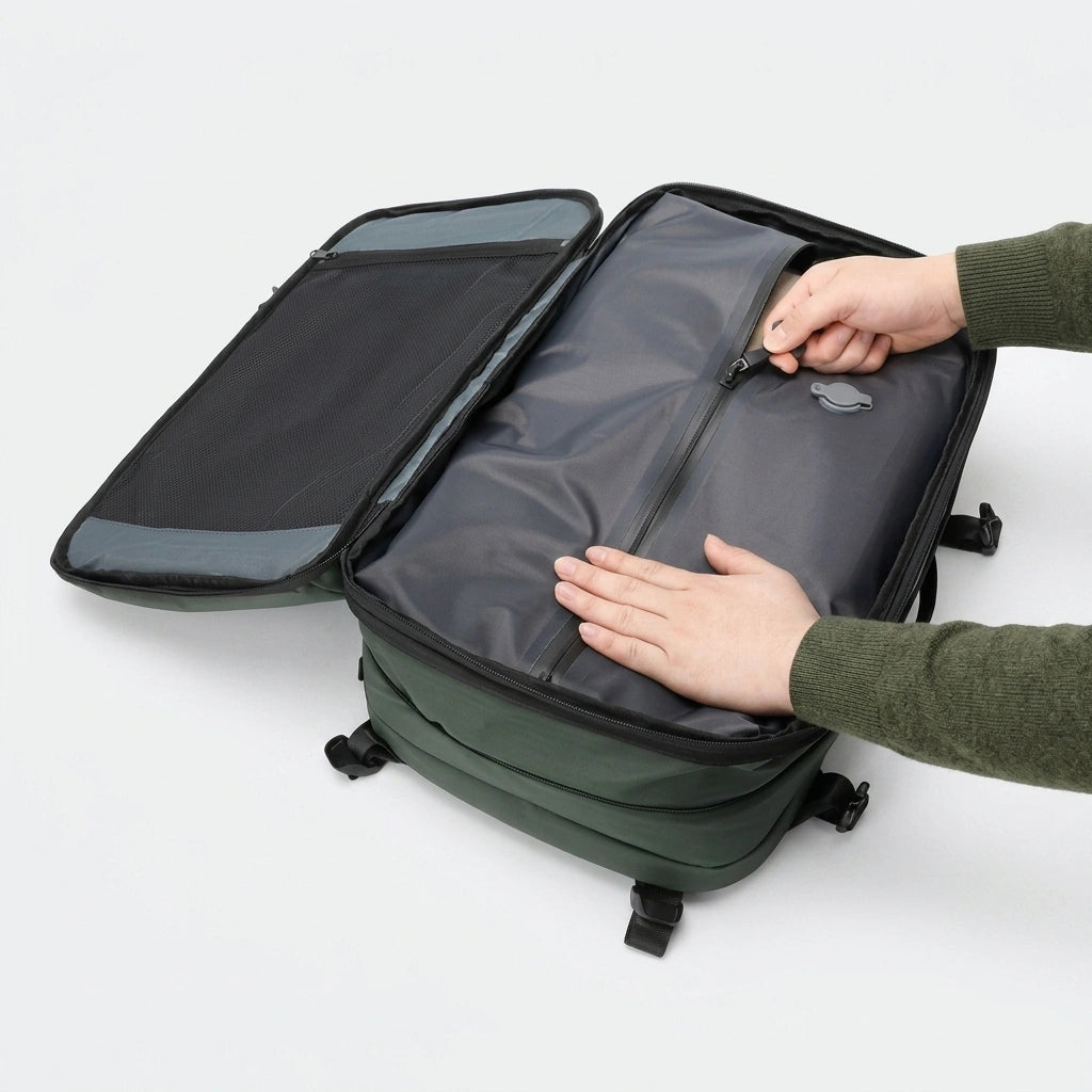 Mains fermant la fermeture éclair du sac de compression intégré dans le sac à dos voyage vert ouvert