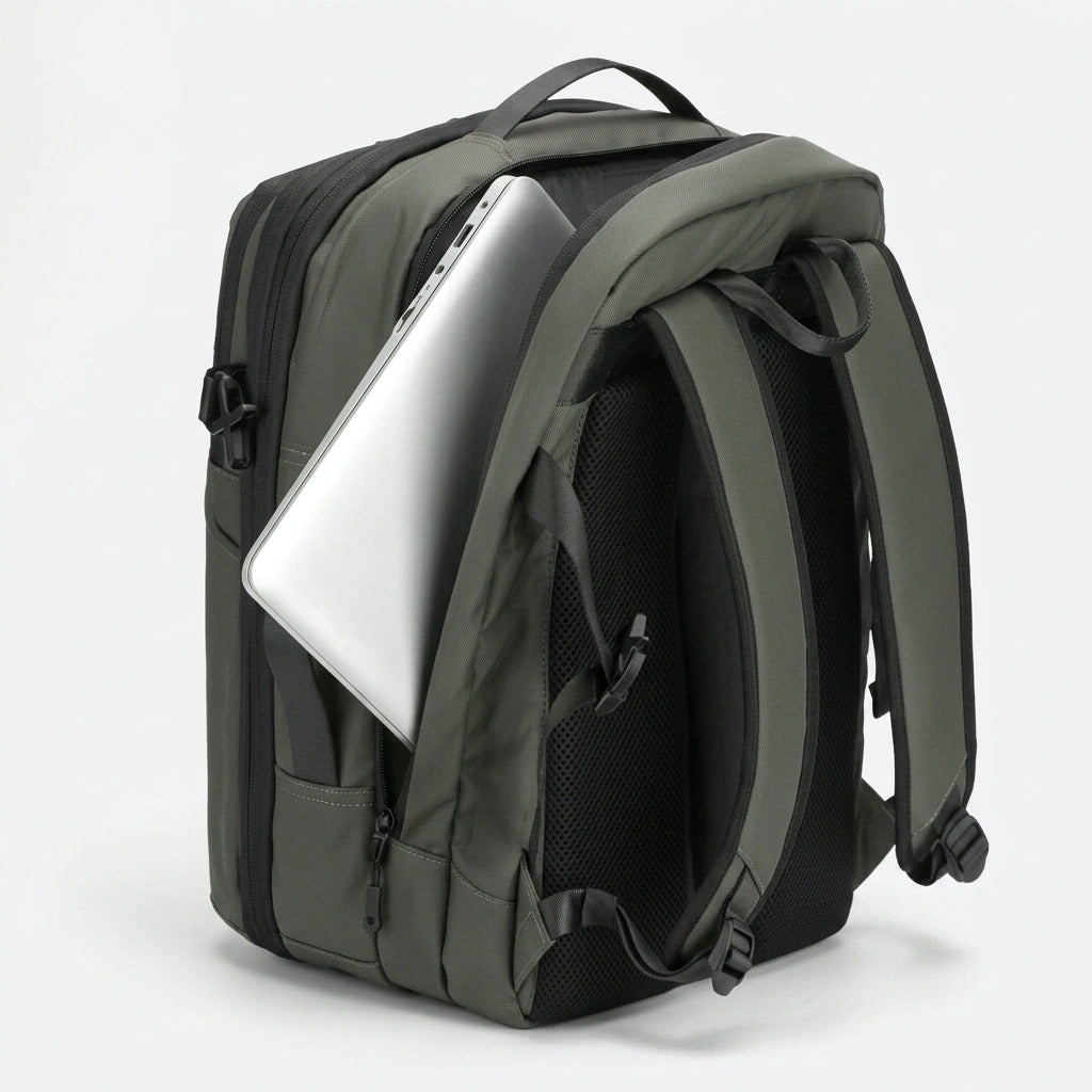 Sac à dos voyage vert vue latérale avec compartiment laptop ouvert et ordinateur portable visible