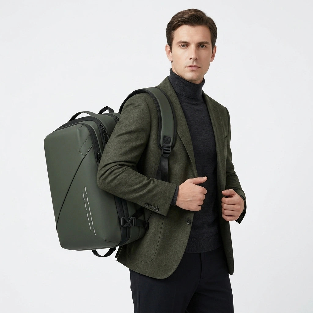 Homme en blazer olive portant le sac à dos voyage vert sur une épaule avec bandes réfléchissantes