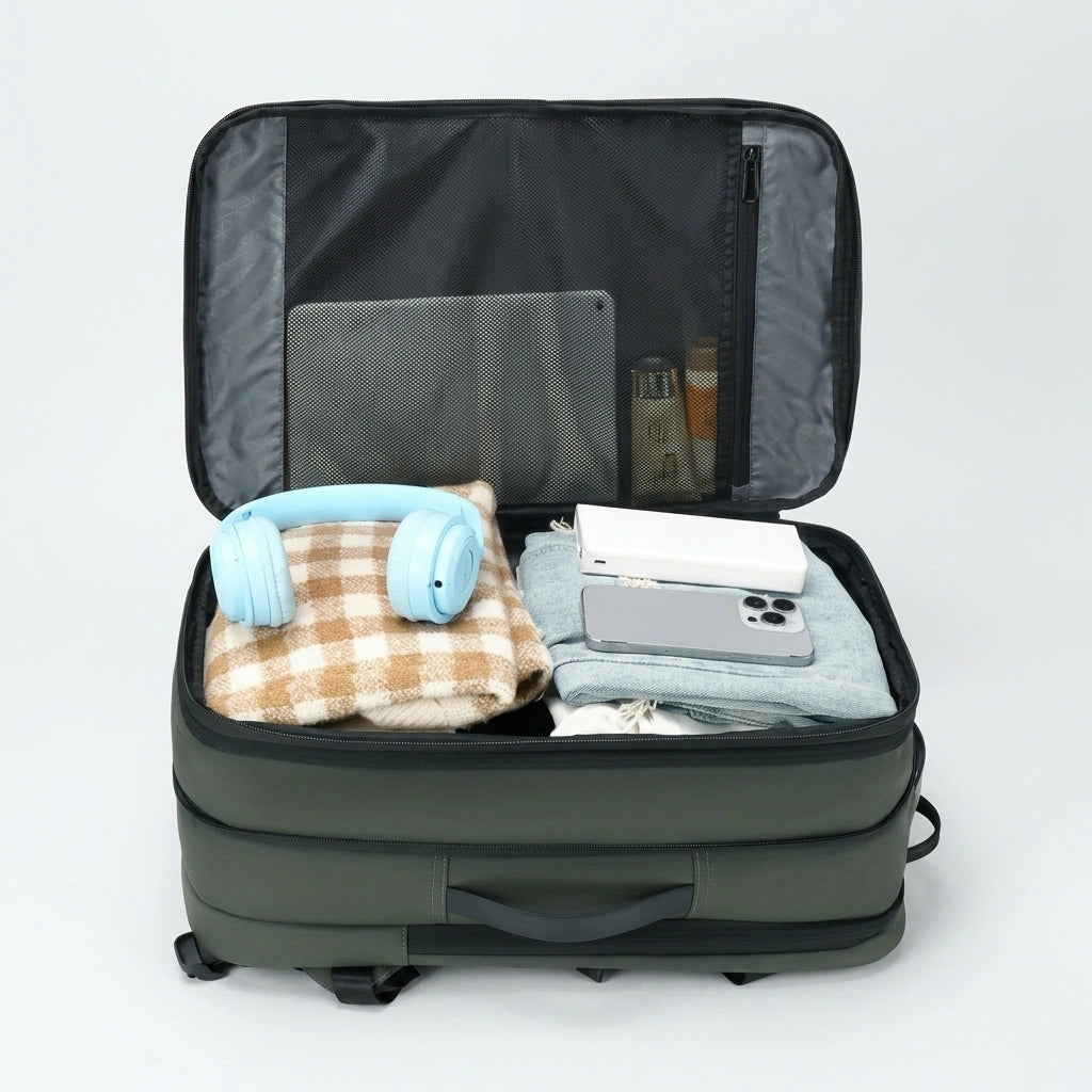Sac à dos voyage vert ouvert montrant casque audio, écharpe, smartphone, jean et batterie externe