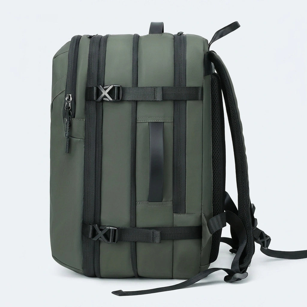 Sac à dos voyage vert vue trois-quarts arrière avec sangles de compression en X et bretelles mesh Image