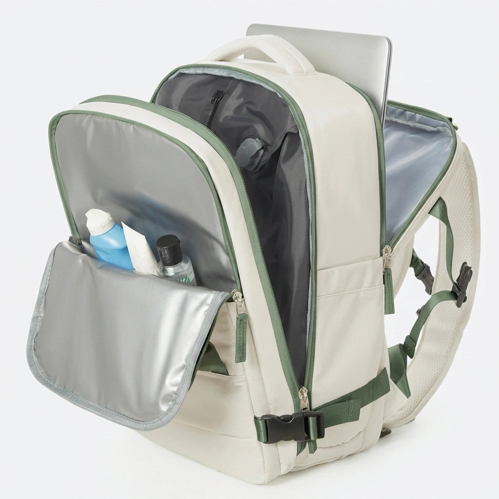 Sac à dos de voyage beige ouvert de profil montrant la poche humide, le compartiment principal et le laptop arrière