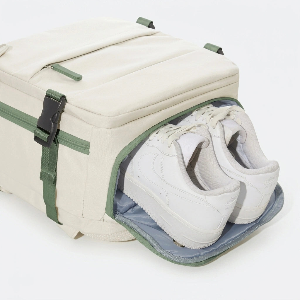 Compartiment chaussures ventilé en bas du sac à dos cabine beige avec une paire de baskets blanches rangées
