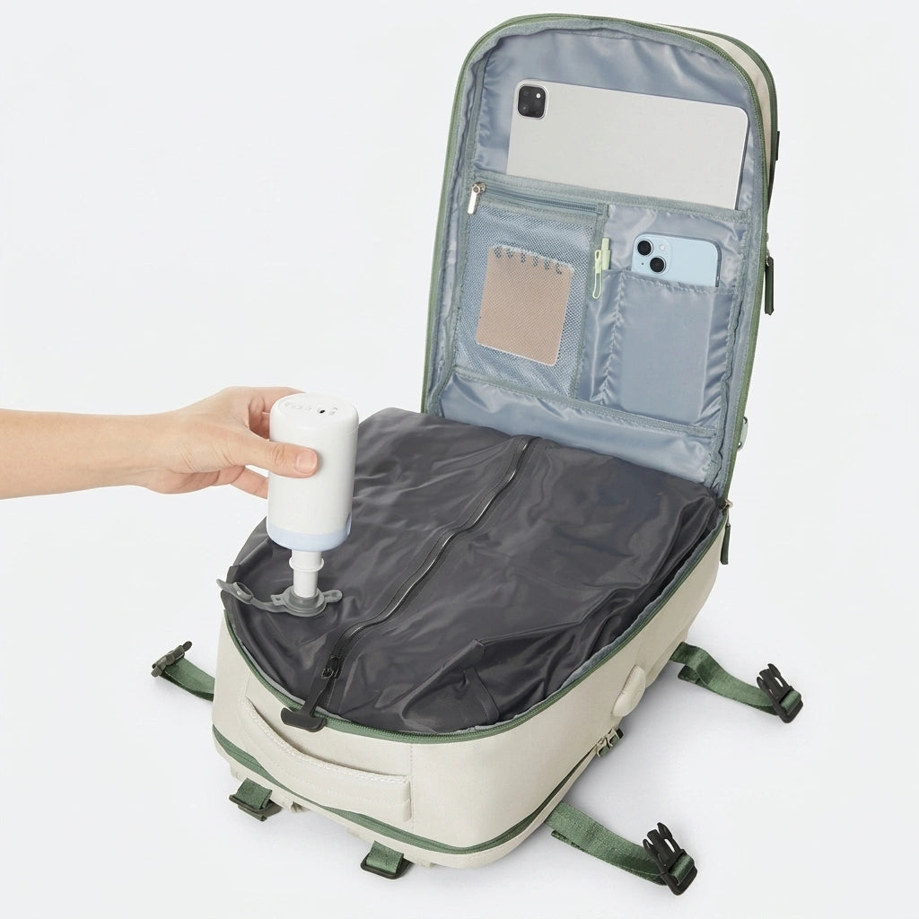Sac à dos cabine beige ouvert à plat avec pompe à air sur la valve du compartiment de compression sous vide
