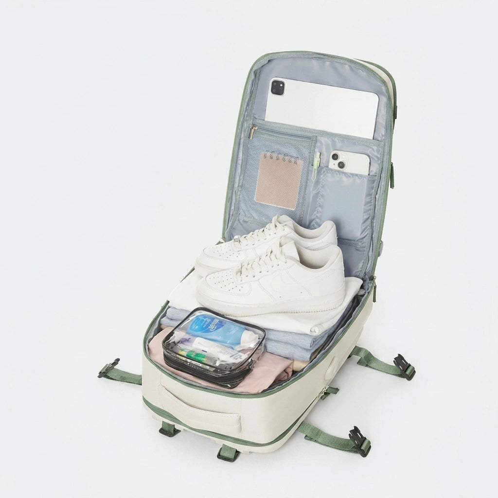Sac à dos de voyage beige ouvert en mode valise rempli de vêtements, baskets et trousse de toilette transparente