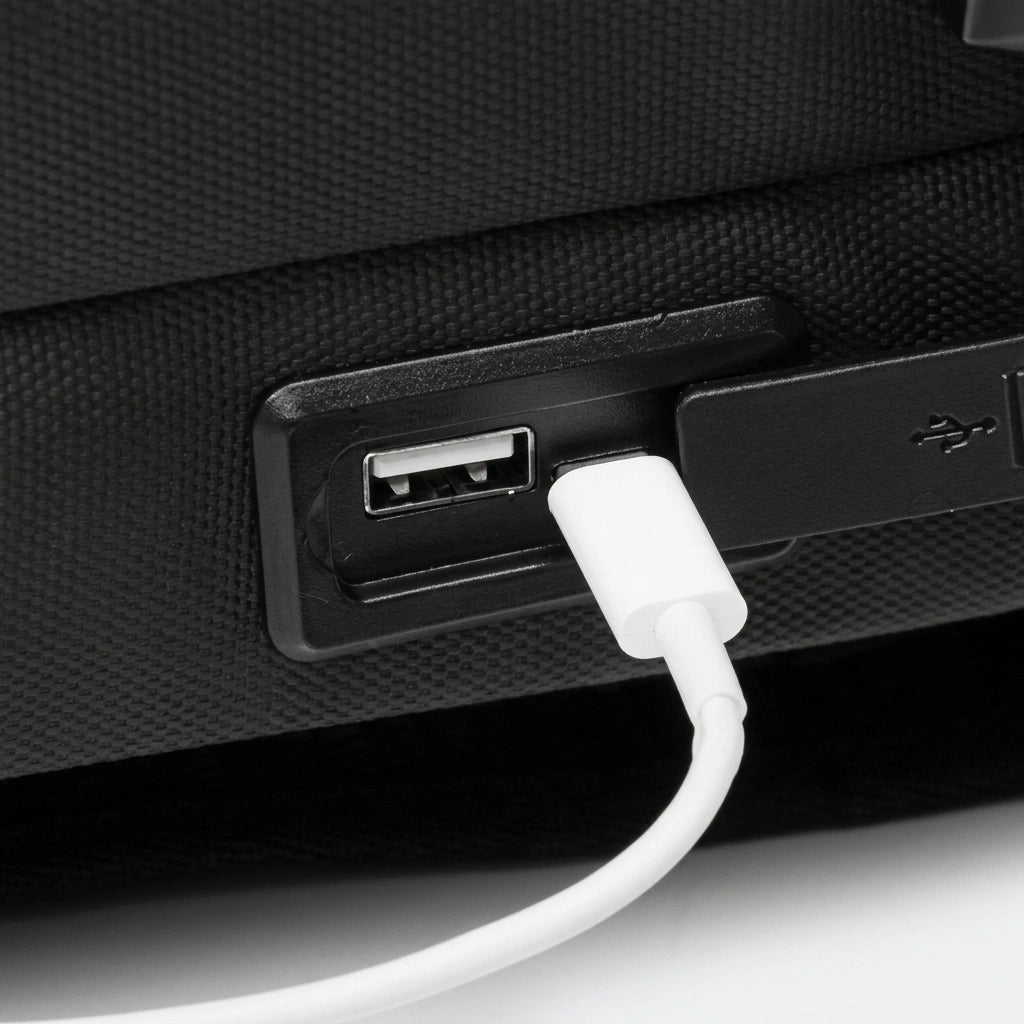 Port USB externe intégré sur le côté du sac à dos de voyage noir avec câble de charge blanc branché