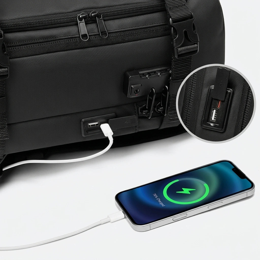 Sac à dos de voyage noir avec port USB chargeant un smartphone, détail du cadenas TSA et sangles latérales