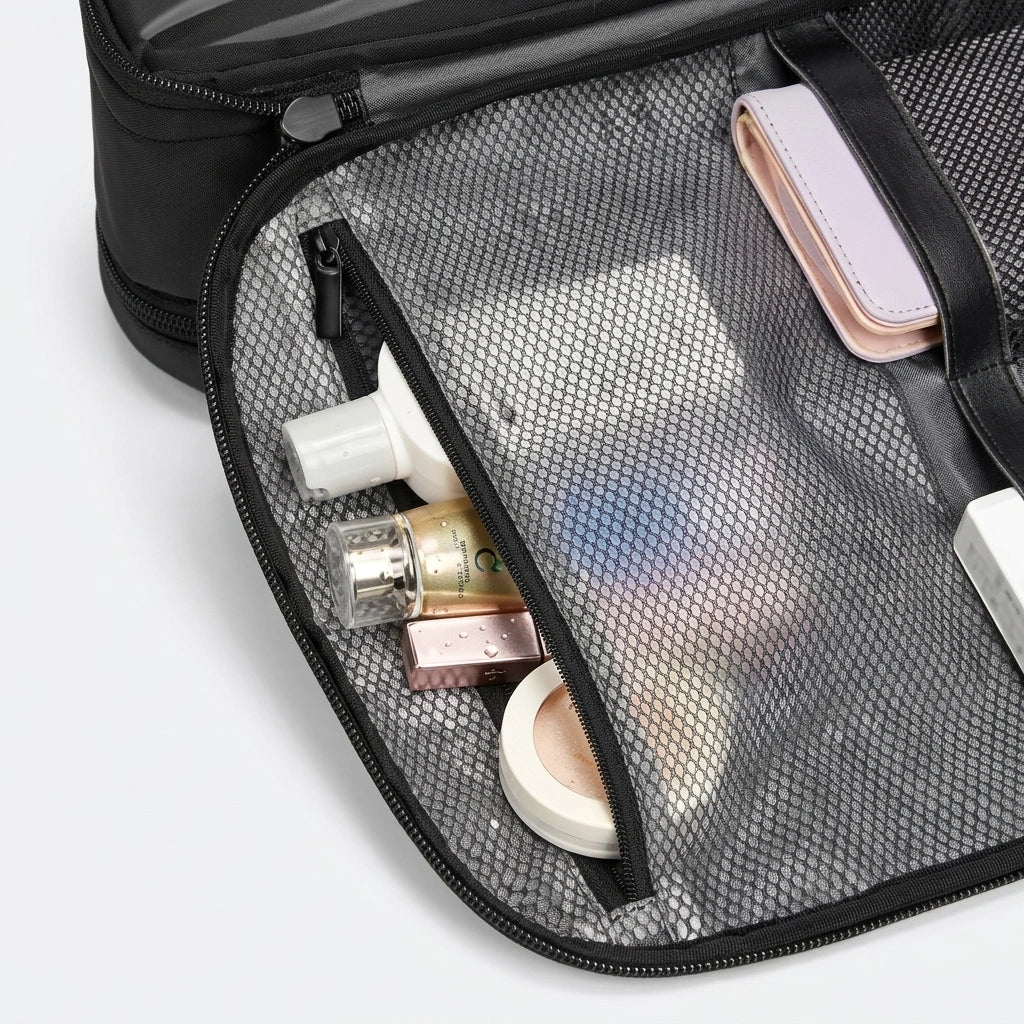 Poche filet zippée intérieure du sac de voyage contenant cosmétiques et produits de toilette bien rangés