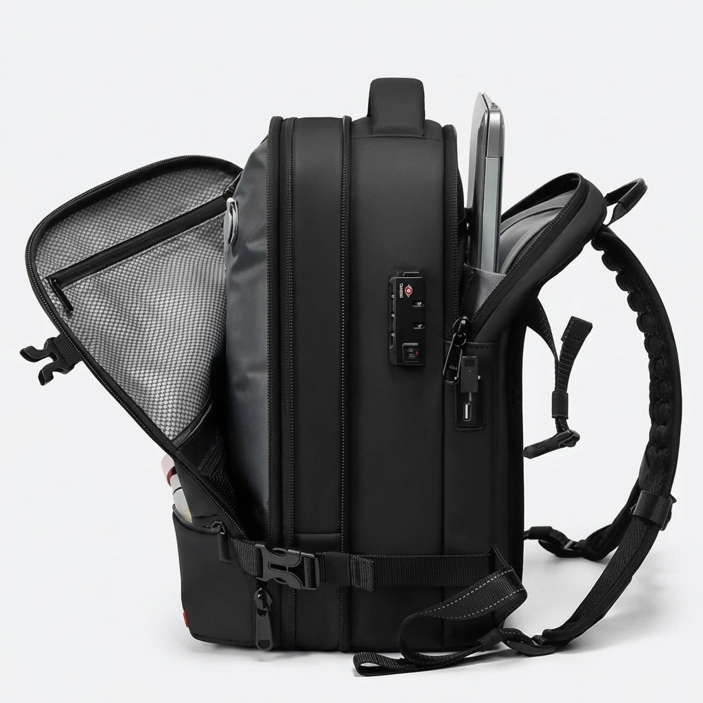 Sac à dos de voyage noir ouvert de profil avec compartiment laptop, cadenas TSA et bretelles rembourrées