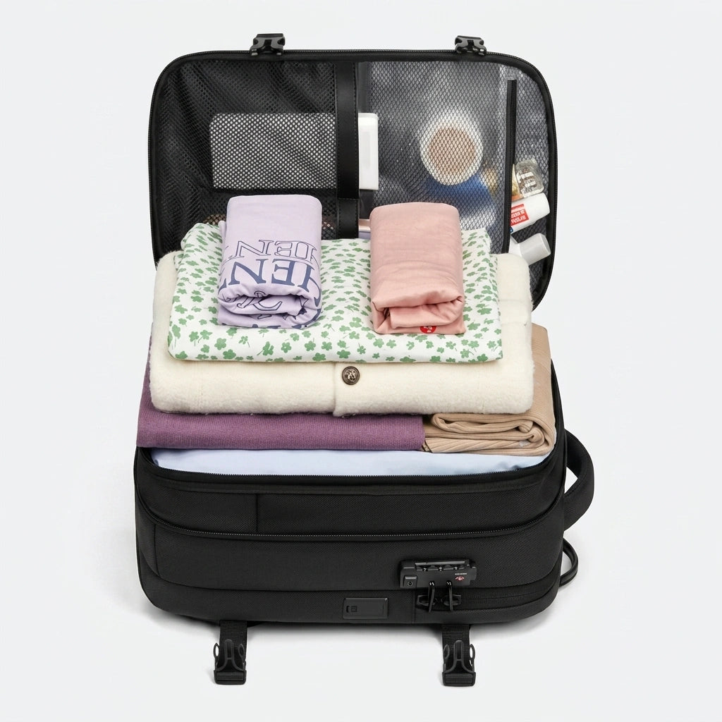Sac à dos de voyage noir ouvert comme une valise rempli de vêtements pliés avec poches filet au couvercle