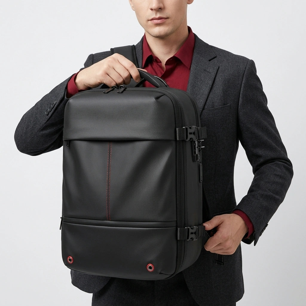Homme en costume gris foncé tenant le sac à dos de voyage noir par la poignée supérieure devant lui
