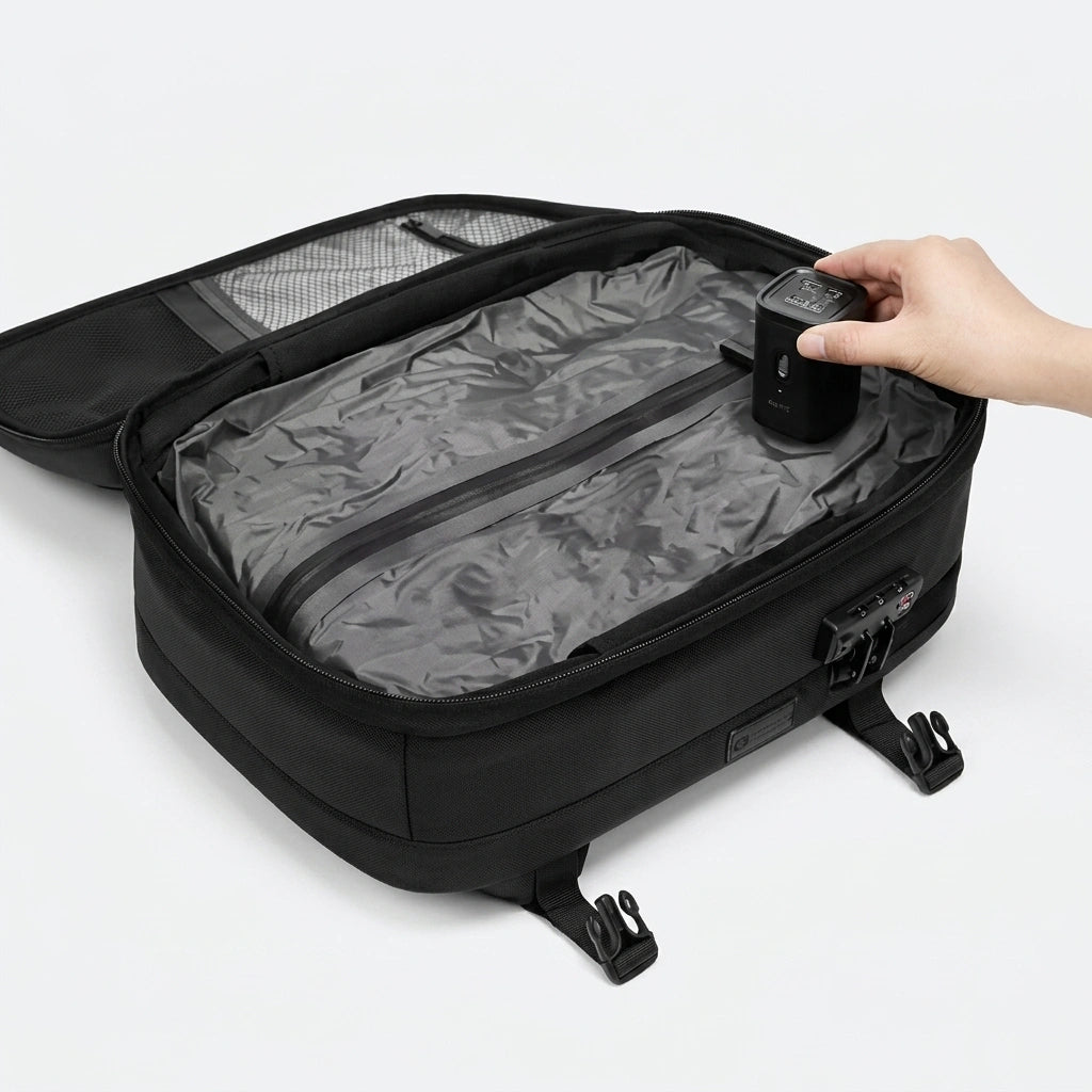 Sac à dos de voyage noir ouvert avec housse de compression et pompe électrique portable pour aspirer le vide