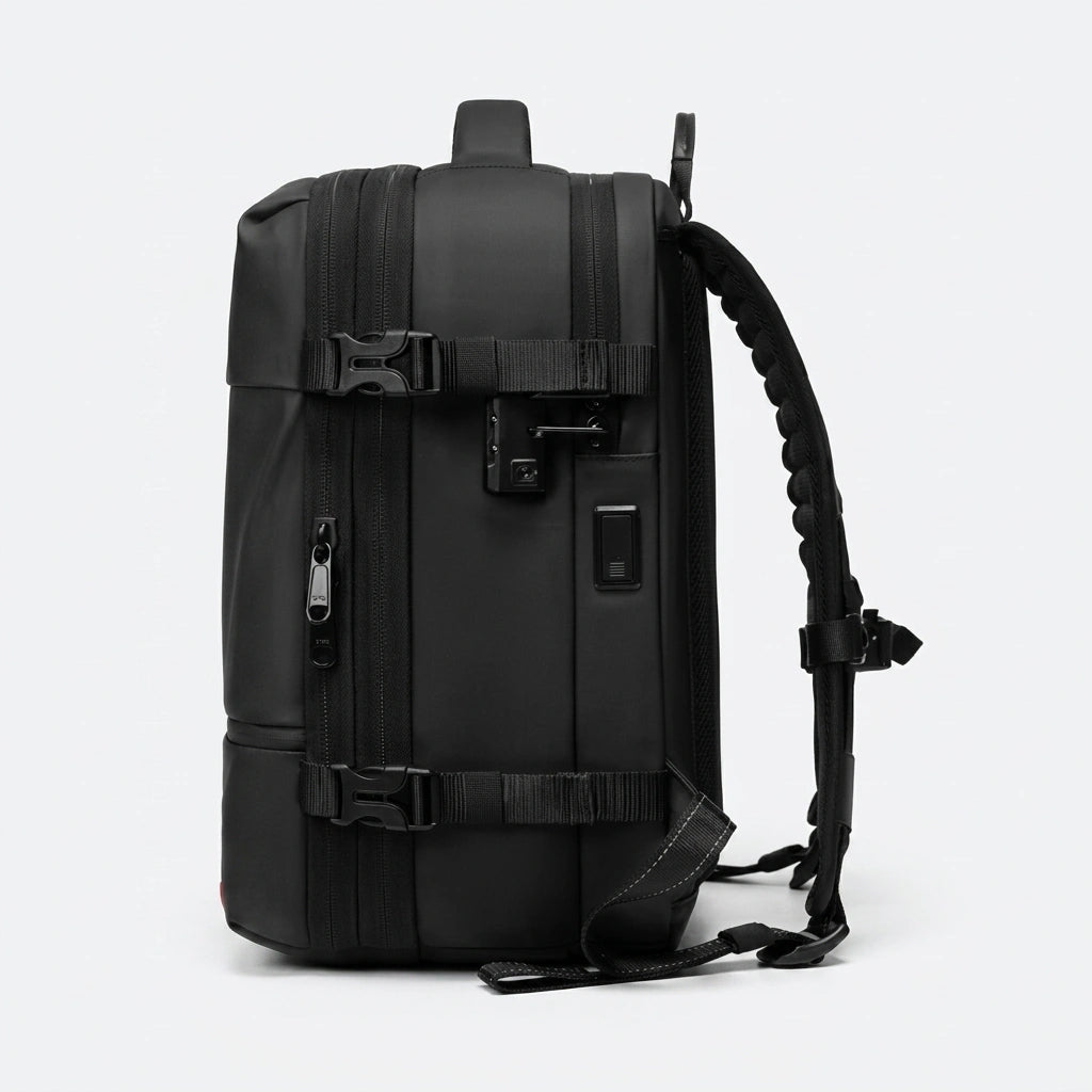 Vue latérale droite du sac à dos de voyage noir avec cadenas TSA, port USB et sangles de compression