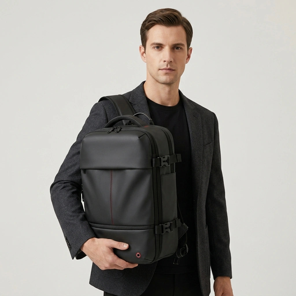 Homme en blazer gris anthracite portant le sac à dos de voyage noir contre lui avec expression confiante