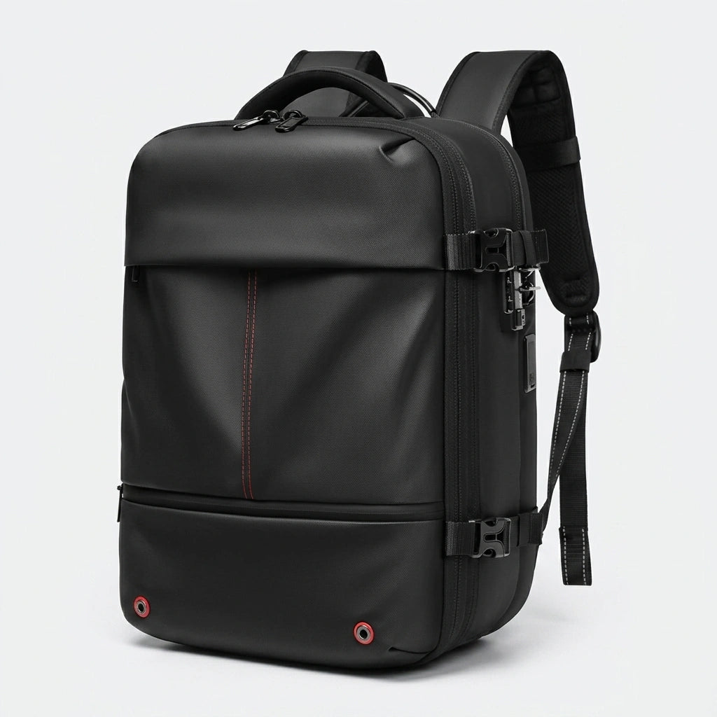 Sac à dos de voyage noir vu de trois quarts montrant bretelles rembourrées et sangles de compression latérales
