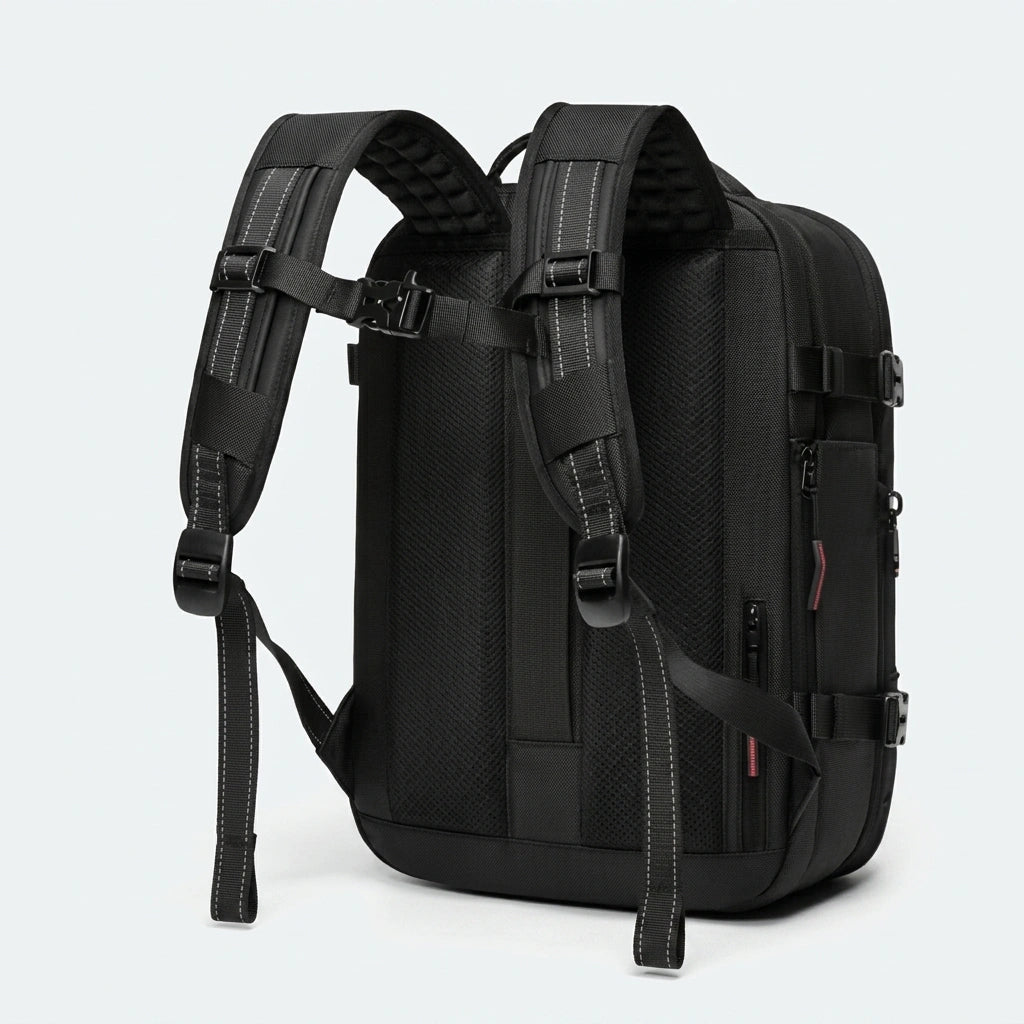 Vue arrière du sac à dos de voyage noir montrant le panneau dorsal en maille respirante et les bretelles