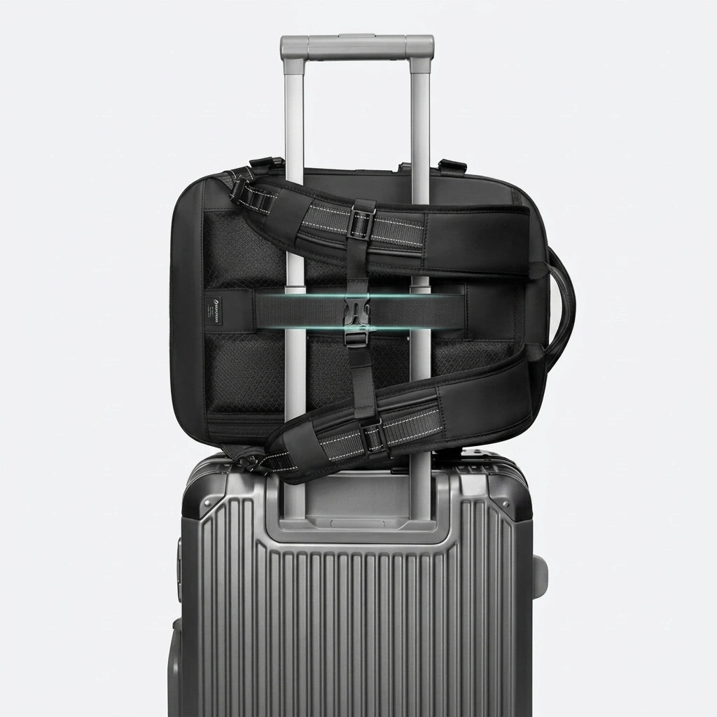 Sac à dos de voyage noir posé sur une valise trolley grise, maintenu par la sangle dorsale sur la poignée