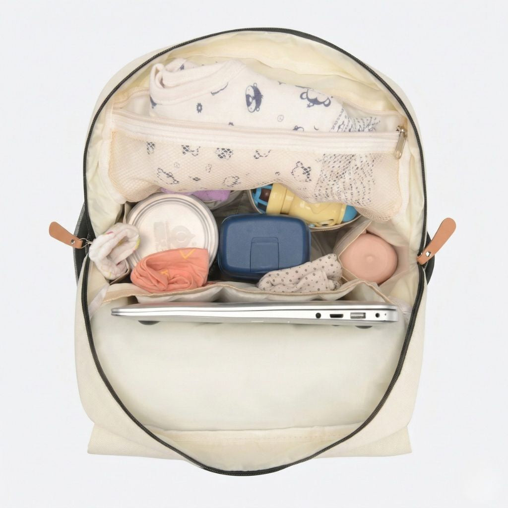Intérieur du sac à dos à langer ouvert vu de dessus, bien organisé avec vêtements bébé, jouets et ordinateur